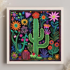 Huichol Cactus Flower Canvas Art | Mexican Yarn Painting Print image 1