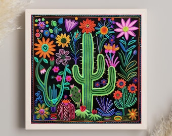 ウィチョル族のサボテンの花のキャンバスアート | メキシコの糸を使った絵画プリント