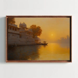 Golden Sunset Over Indian Ghats Canvas Print | Serene Riverbank Wall Art | Traditional Indian Landscape | Spiritual Ghat Scene Decor