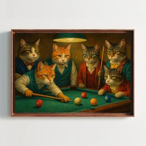 Cats Playing Pool Canvas Print: Funny Animal Art for Game Room
