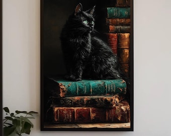 Black Cat on Vintage Books Oil Style Canvas Wall Art Print