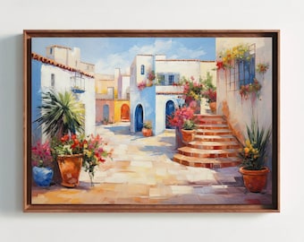 Könnte beinhalten: Ein gerahmtes Gemälde zeigt einen sonnendurchfluteten mediterranen Innenhof mit weißen Stuckgebäuden, Torbögen und Terrakottatreppen. Topfpflanzen mit leuchtend rosa, roten und gelben Blüten sind in der gesamten Szene verteilt.