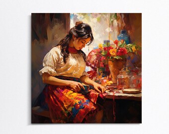 Colorful Mexican Girl Canvas Art Print, Mexican Home Decor