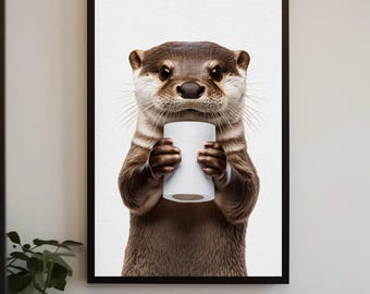 Funny Otter Toilet Paper Canvas Print, Whimsical Bathroom Wall Art