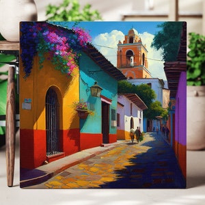 Mexican Village Art Painting, Colorful Artwork for Home Decor, Mexican Wall Art for Living Room, Mexican Art Prints, Vibrant Wall Art