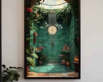Teal Spa Shower Canvas, Bathroom Wall Art Print