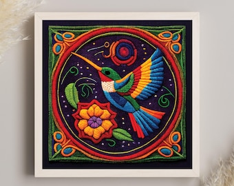 Huichol Hummingbird Canvas Print | Mexican Folk Art, Boho Decor