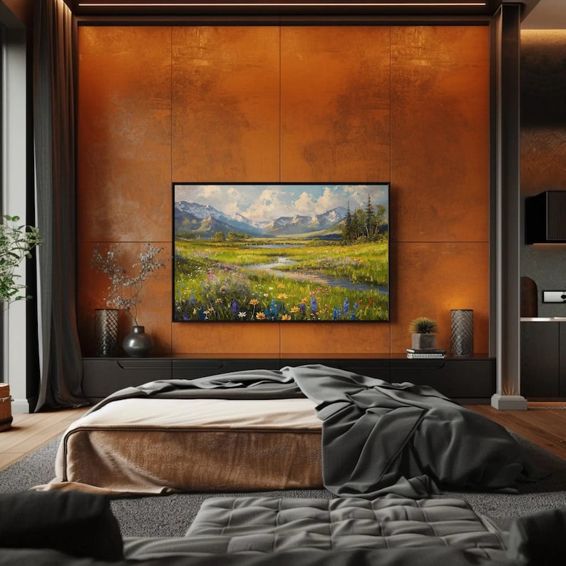 Vintage Meadow Landscape Canvas Print, Mountain River Art imagen 6