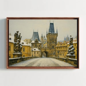Charles Bridge Prague Winter Canvas Painting Print Czech Cityscape Wall Art Snowy Gothic Architecture Artwork for Living Room Decor