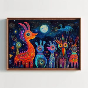 Oaxacan Alebrijes in the Night Canvas Print | Mexican Folk Art Wall Decor | Vibrant Alebrije Night Scene | Oaxaca Art | Ready to Hang