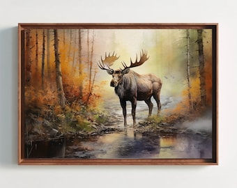 Stampa su tela astratta di alce, arte murale raffigurante la fauna selvatica della foresta, pronta da appendere