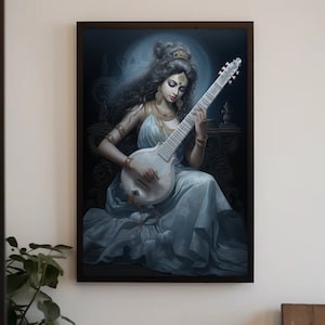 Saraswati Ji Painting Large Canvas Decor Hindu Goddess Saraswati Wall Art Indian Painting Hindu Wall Art Music Lover art Religious Decor
