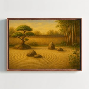 Tranquil Japanese Zen Garden Wall Art Canvas Print with Raked Sand Bonsai and Bamboo Trees for Peaceful Minimalist Asian Home Decor