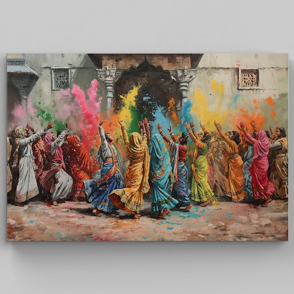 Holi of Vrindavan Painting Large Canvas Print India Culture Art Indian Painting Indian Home Decor Indian Gift Holi Celebration Painting