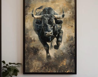 Black Bull Canvas Print: Angry Bull Painting, Man Cave Decor