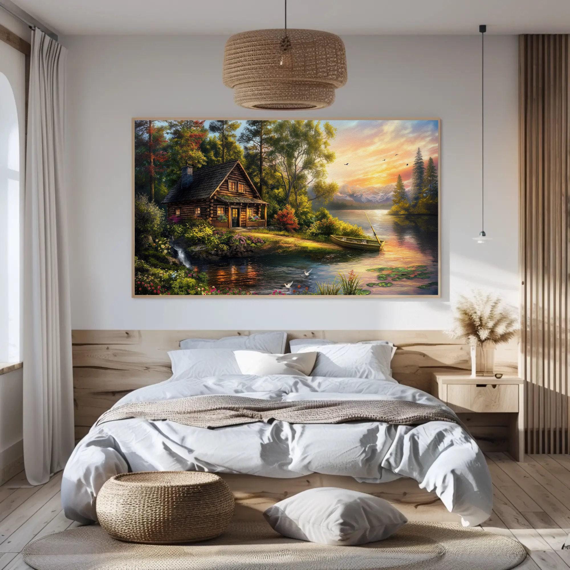 Riverside Cabin Canvas Print, Scenic Landscape Framed Wall Art - Etsy