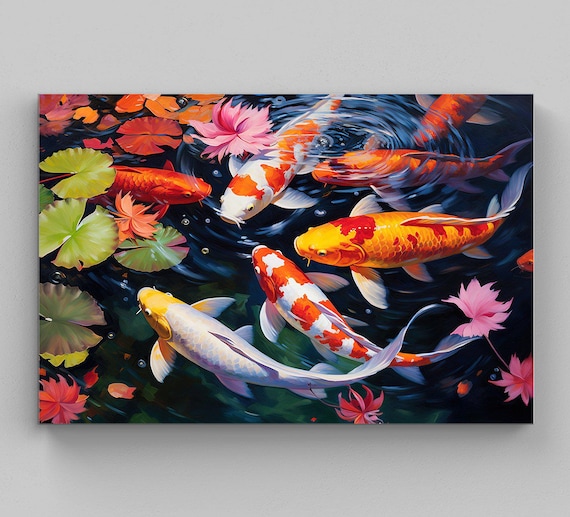 大きなキャンバスに描かれたカラフルな鯉の池の油絵、鯉の絵画、鯉の