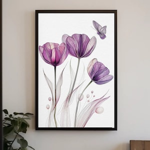 Purple Tulips With Butterfly Canvas Print, Floral Wall Decor, Purple Wall Art, Nature Wall Decor, Living Room Decor, Botanic Framed Print