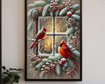 Op de afbeelding: Een ingelijste muurkunstprint met twee felrode kardinaalvogels op met sneeuw bedekte dennentakken rondom een raam. De scène bevat dennenappels, rode bessen en twee brandende kaarsen die door het raamkozijn zichtbaar zijn.