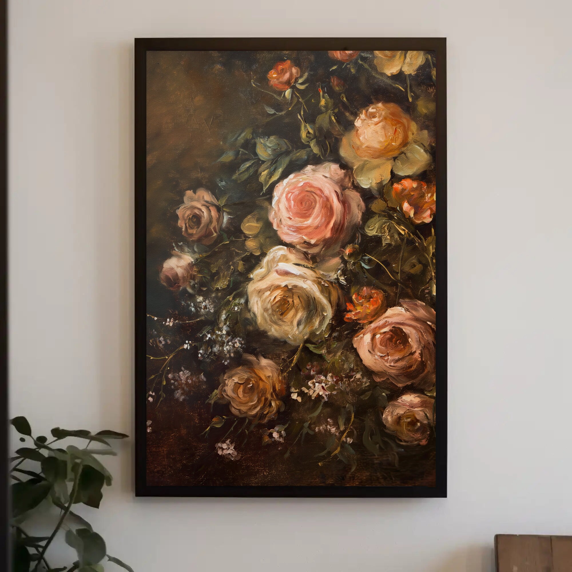 Floral Antique Oil Painting Canvas Print, Framed Vintage Wall Art, Western Home Decor, Ready to Hang, Perfect for Living Room