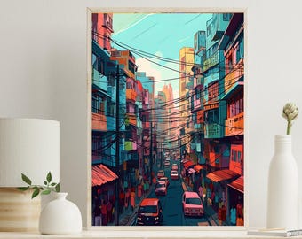 Kolkata Streets Art Print, Colorful Indian Cityscape