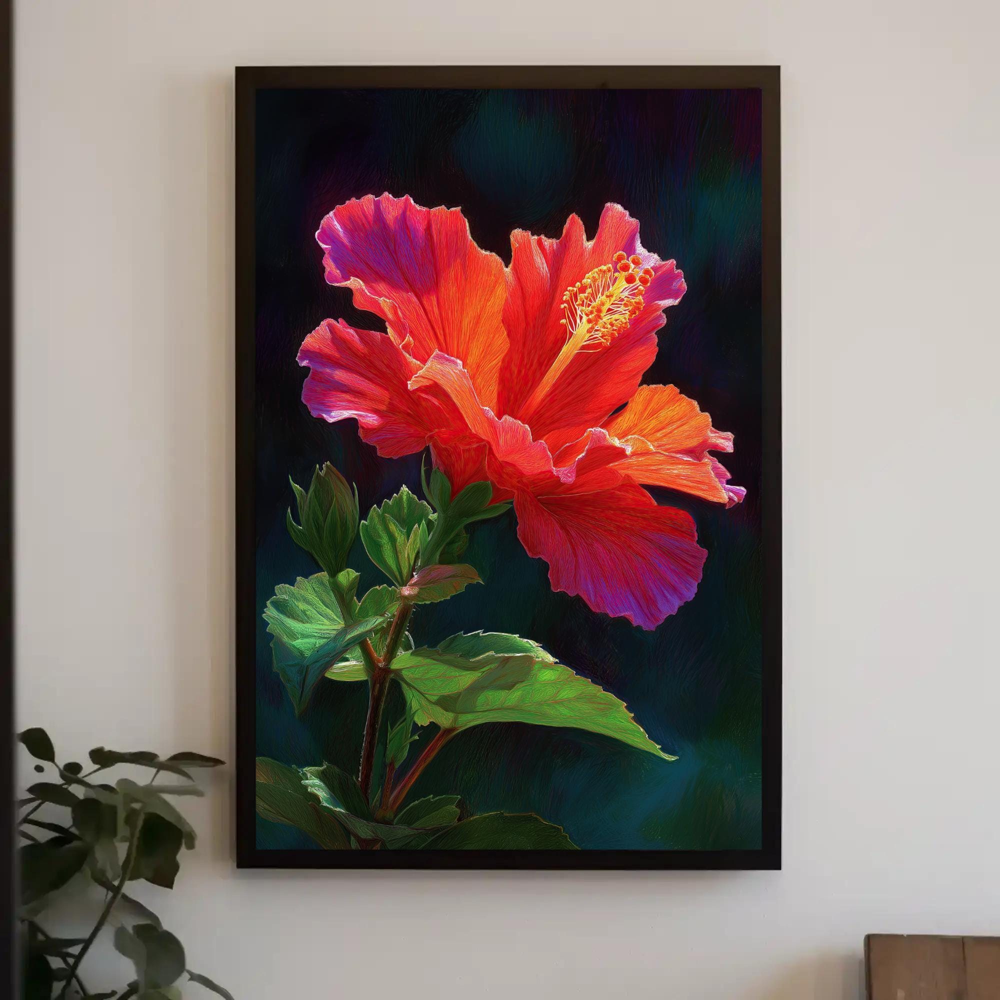 Hibiscus Flower Art Print, Tropical Floral Wall Decor, Colored