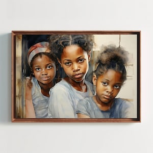 Three African Girls Watercolor Painting, African Girl Canvas Home Decor, Black Art, African Wall Art, African Home Decor