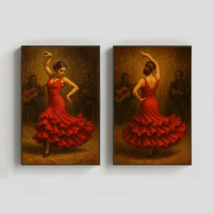 Set of 2 flamenco dancer canvas prints in red dress with Spanish guitarist, oil painting style wall decor for dance and culture lovers