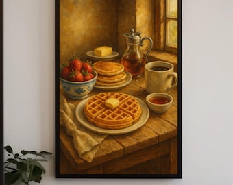 Cozy Breakfast Still Life Canvas Print | Rustic Kitchen Wall Art | Pancakes Waffles Coffee Decor