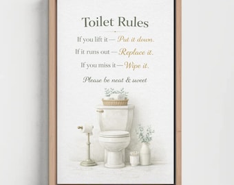 Toilet Rules Canvas Wall Art | Black Gold Funny Bathroom Print | Powder Room Decor
