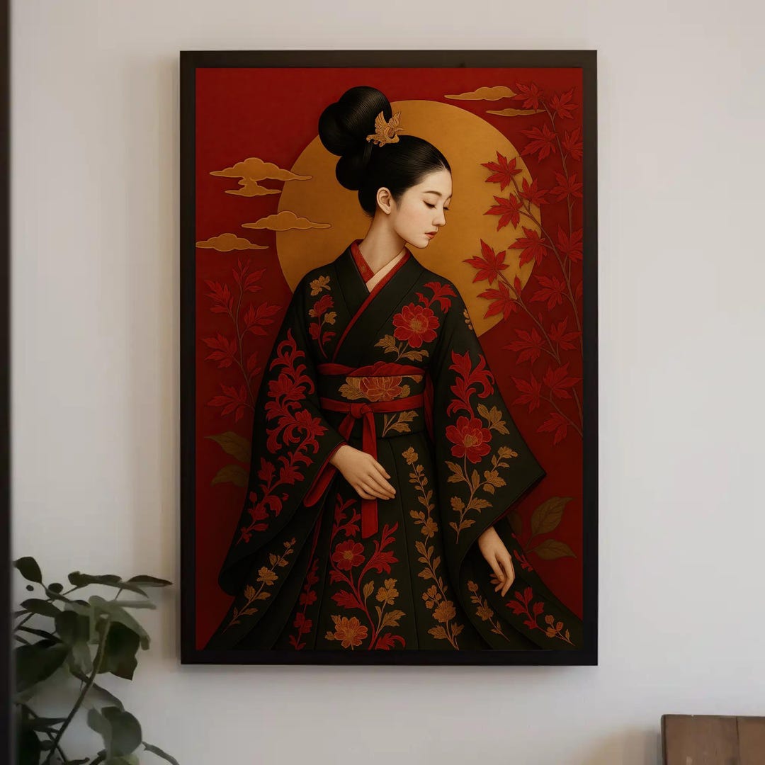 Japanese Geisha Canvas Print | Red Floral Kimono, Japandi Wall Art - Etsy