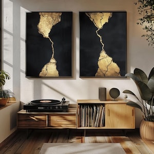 Set of 2 Black and Gold Wall Art | Kintsugi Inspired Canvas Print Diptych | Large Abstract Luxury Decor for Modern Living Room or Office