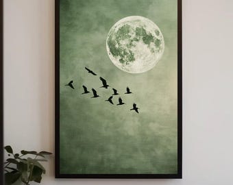 Green Sky Canvas Print, Birds Flying Under Full Moon, Minimalist Wall Art