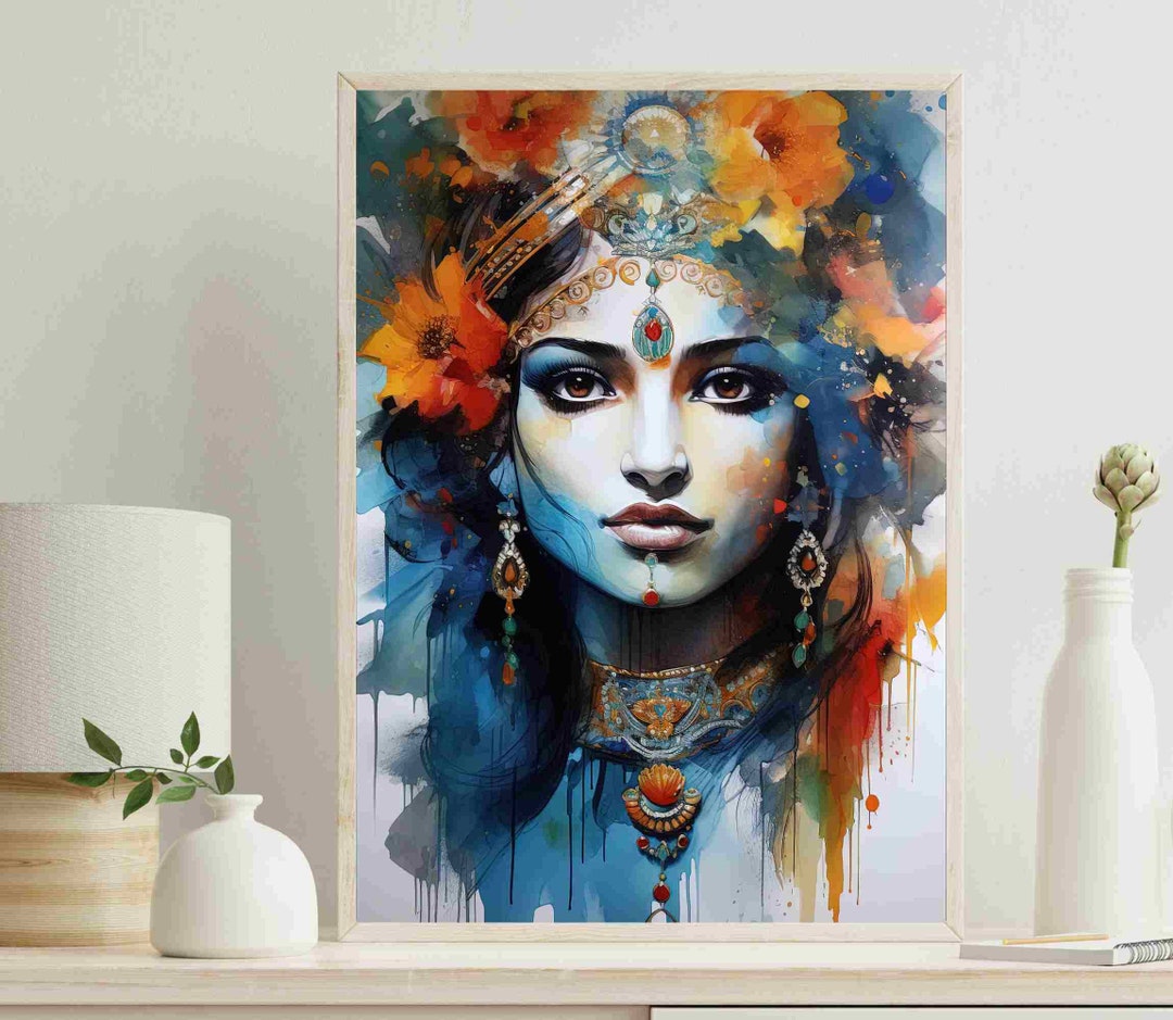 Krishna Watercolor Painting Krishna Wall Art Indian Home Decor Vibrant