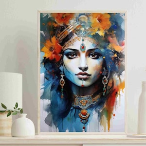 Krishna Watercolor Painting - Krishna Wall Art - Indian Home Decor -  Vibrant Colors - Krishna Art - God Large Canvas Print - Home Decor