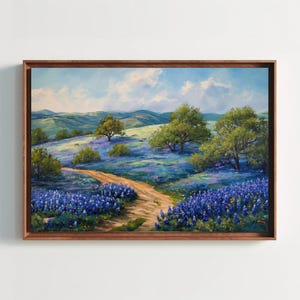 Texas Bluebonnets Field Oil Painting, Framed Canvas Print, Wildflower Art Landscape, Nature Wall Decor, Rustic Country Living Room Decor