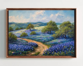 Texas Bluebonnets Field Oil Painting, Framed Canvas Print, Wildflower Art Landscape, Nature Wall Decor, Rustic Country Living Room Decor