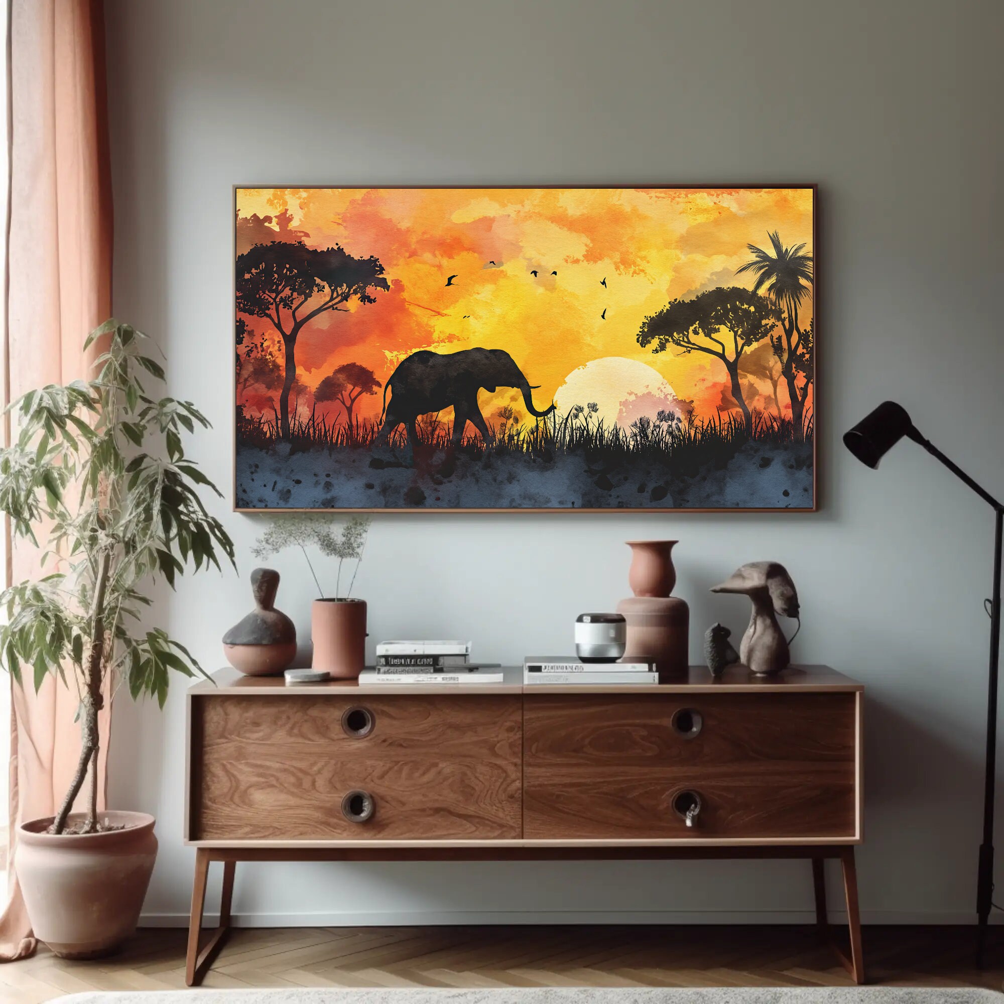 Elephant Canvas Wall Art, African Elephant Savanna Landscape Watercolor ...