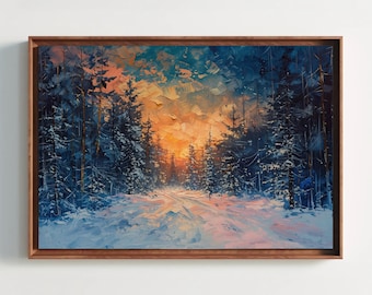 Winter Forest Sunset Canvas Print: Snowy Cabin Wall Art