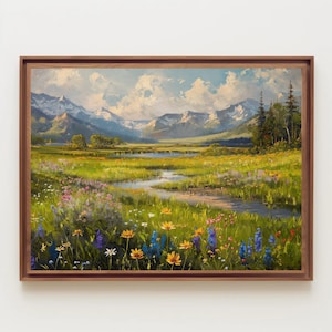 Vintage Meadow Landscape Canvas Print, Mountain River Art imagen 1