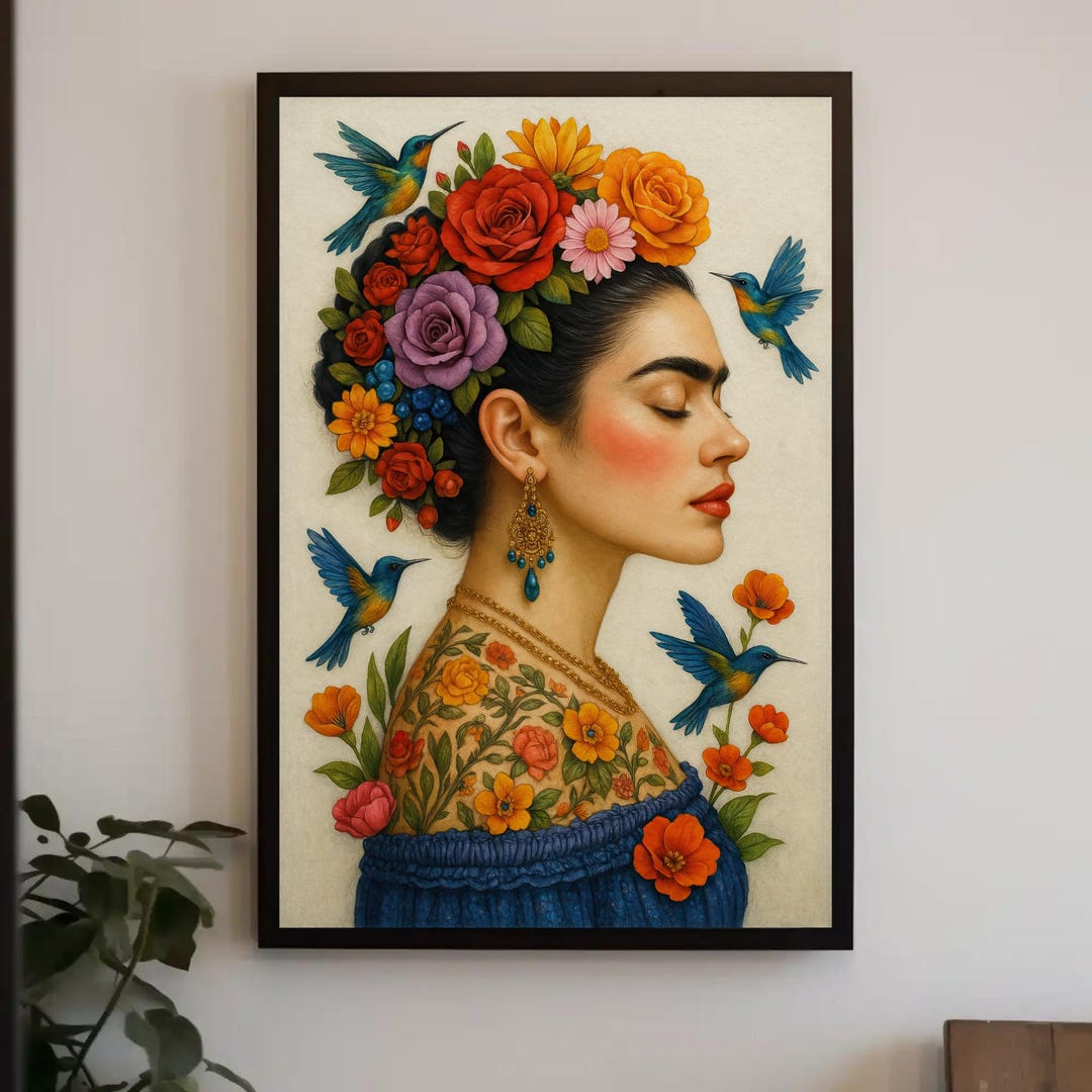 Frida Kahlo Portrait | Mexican Folk Art Print | Floral Wall Art With ...