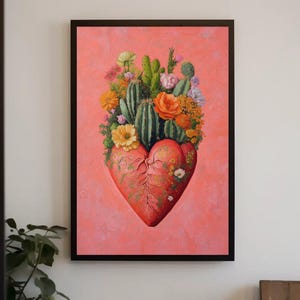 Anatomical Mexican Heart with Cacti and Flowers Canvas Print, Mexican Wall Decor, Cultural Mexican Painting, Vibrant Folk Art, Ready to Hang