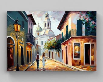 May include: Oil painting of a European street scene with a couple walking hand-in-hand. Buildings in shades of teal, orange, and white line the cobblestone street, leading to a church with a domed roof. A vintage street lamp is in the foreground.