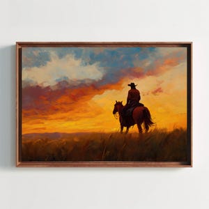 Argentine Gaucho Riding Across the Pampas at Sunset Canvas Print, Rustic Argentina Landscape Painting, Cowboy Wall Art for Living Room
