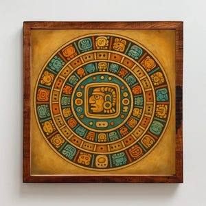 Mayan calendar colorful wall art aztec print with tribal symbols canvas painting ancient central american sacred art for boho decor