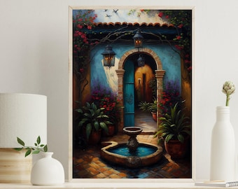 Könnte beinhalten: Ein gerahmter Wandkunstdruck, der einen Innenhof mit einem blauen Torbogen, einem steinernen Brunnen mit blauem Wasser, Terrakottatöpfen mit grünen Pflanzen, roten Blumen und hängenden schwarzen Laternen unter einem Ziegeldach zeigt.