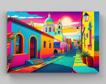 May include: A vibrant digital art print depicting a colorful street scene with bright blue, orange, and yellow buildings under a sunset sky. A central domed church tower rises above the architecture, while potted plants line the sidewalk.