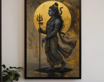 シヴァ神の瞑想キャンバス絵画、ヒンドゥー教の神の壁装飾、青い