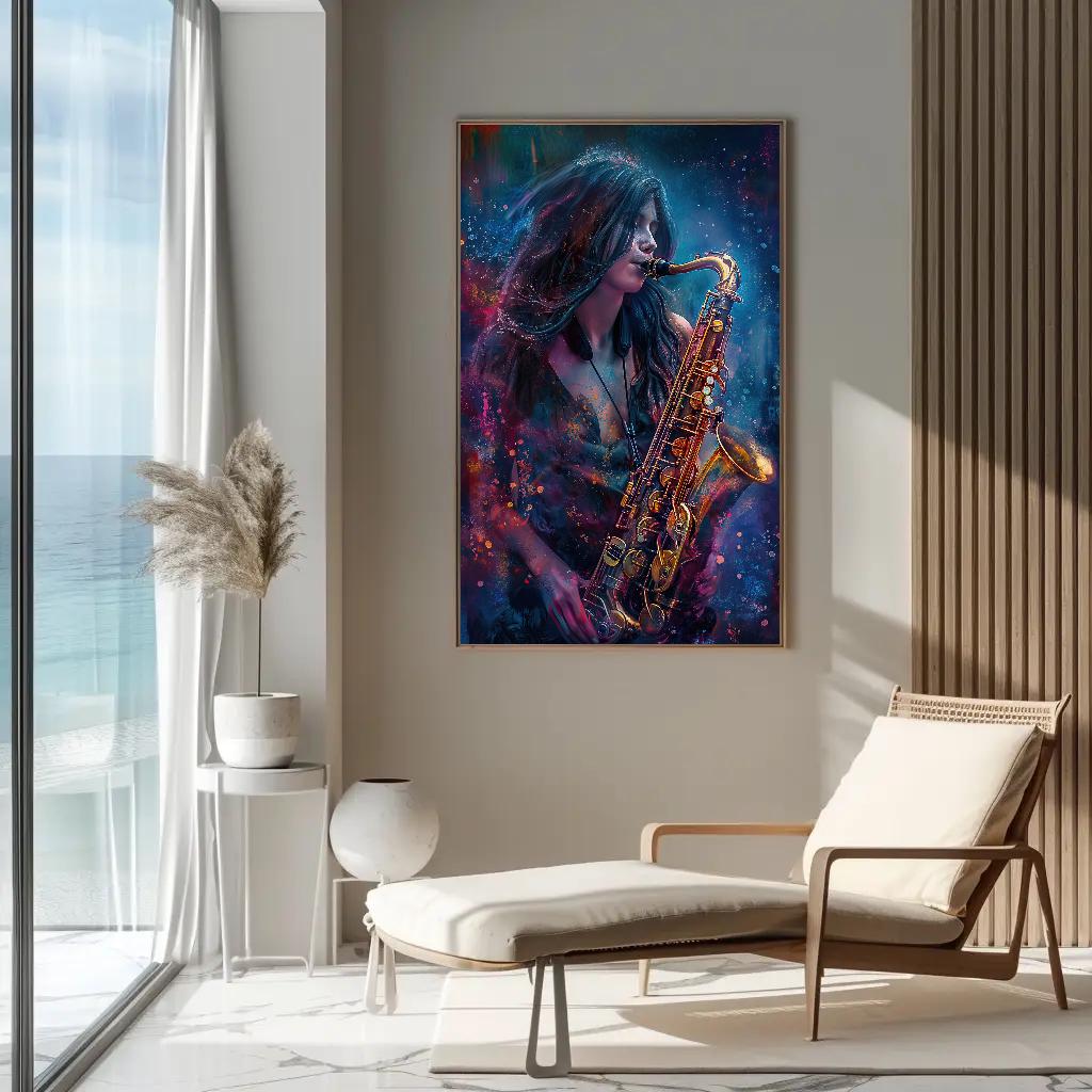 Saxophone Girl Canvas Painting, Framed Print, Musical Art