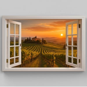 Tuscany vineyard sunset open window view canvas wall art print for Italian countryside kitchen or rustic European home decor